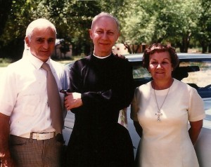 This photo was taken in 1977 at the funeral of our second Mother General, Mother Bernadette, HPB. Father is standing with Mr. and Mrs. Pullano who later joined one of the prayer apostolates for priests that Father Hardon encouraged the Handmaids to start, the Lay Associates of the Priesthood.